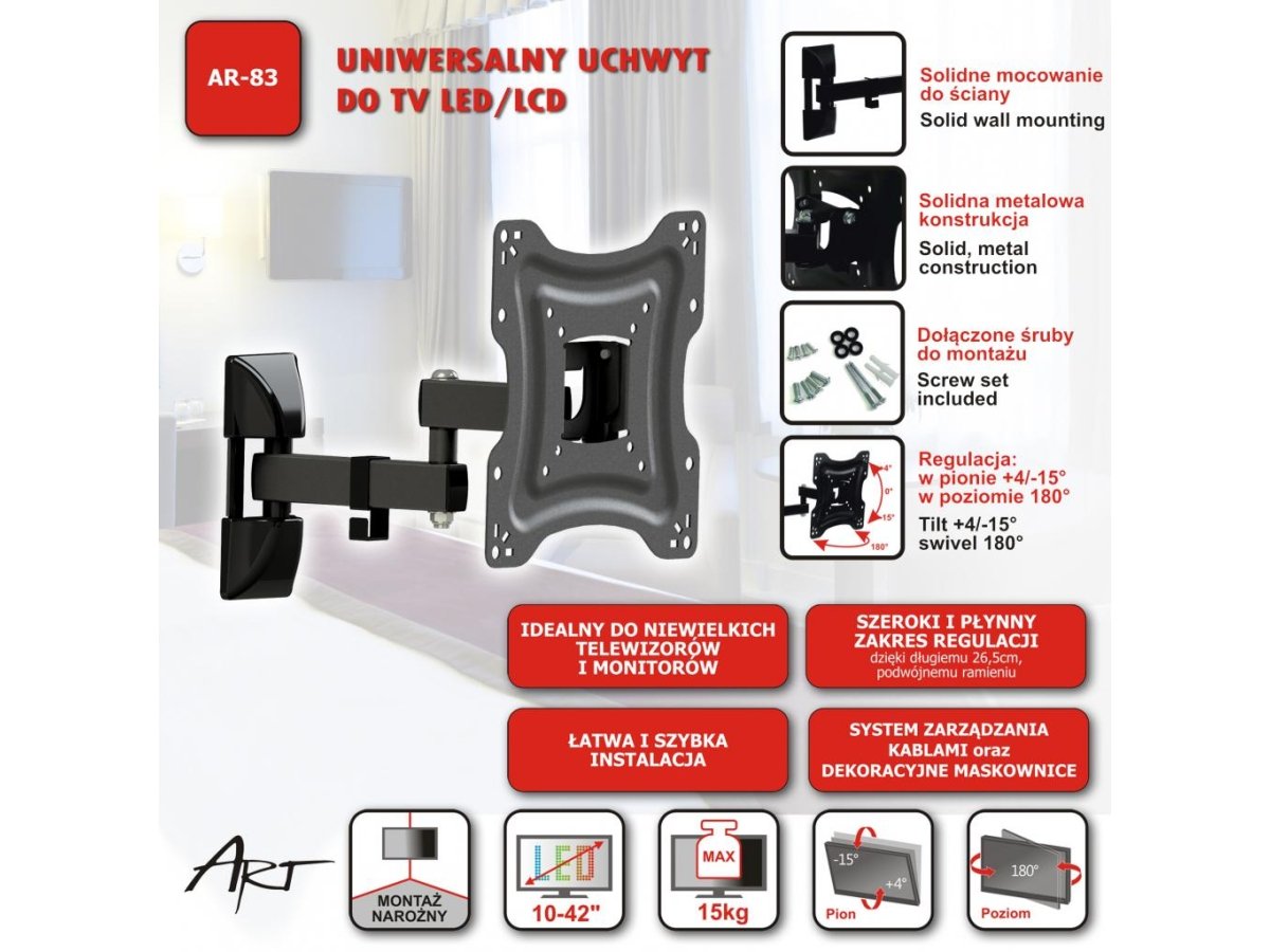 UCHWYT DO TV LCD/LED 10-42" 15KG AR-83 ART reg.pion/poziom 26,5cm