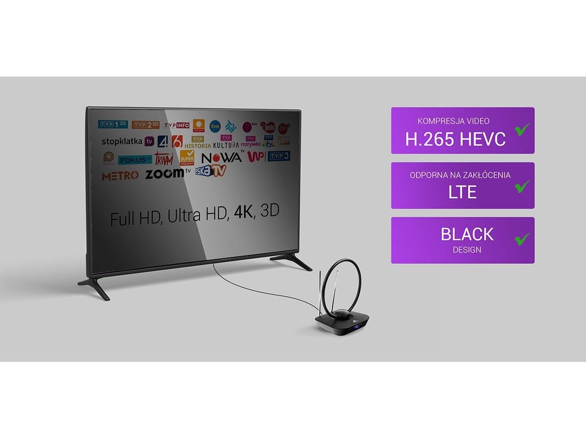 Antena pokojowa DVB-T2 Spacetronik Locus TV zasilacz 45dB