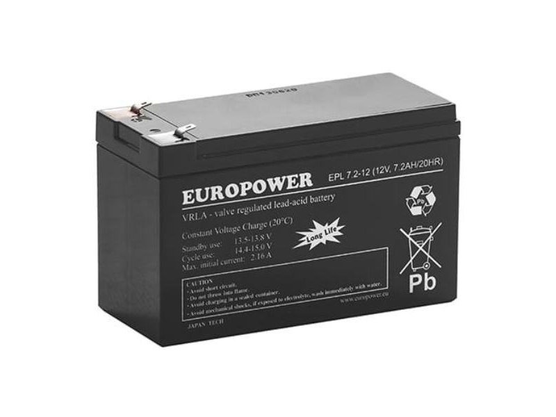 Akumulator AGM EUROPOWER serii EPL 12V 7,2Ah T1