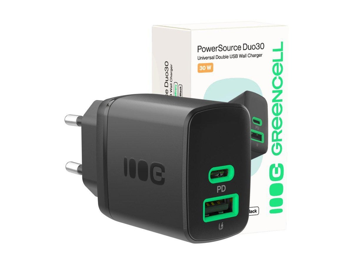 ŁADOWARKA SIECIOWA Greencell PowerSource Duo30 30W 1xUSB-C 1xUSB-A PD 3.0 QC 4.0+ czarna