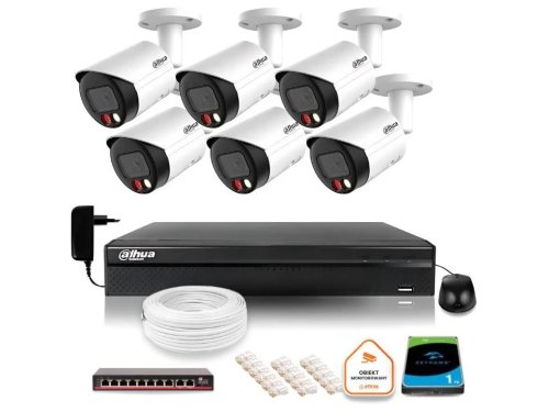 Zestaw monitoringu IP Dahua 6 kamer FullHD z podwójnych oświetleniem kolor w nocy + dysk 1TB