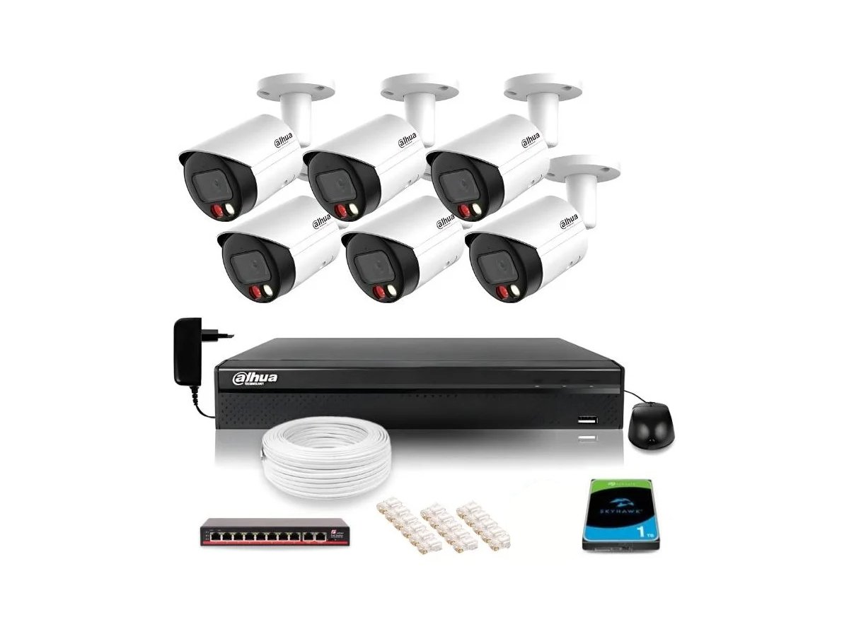 Zestaw monitoringu IP Dahua 6 kamer FullHD z podwójnych oświetleniem kolor w nocy + dysk 1TB