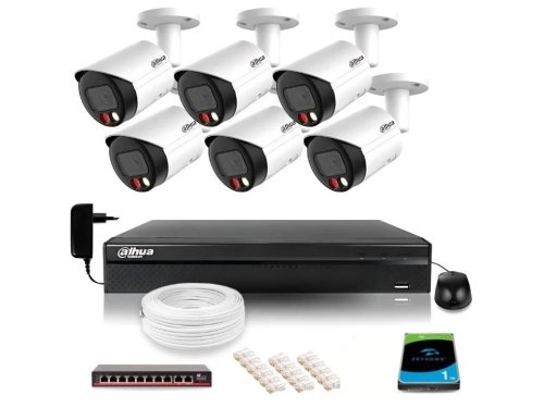 Zestaw monitoringu IP Dahua 6 kamer FullHD z podwójnych oświetleniem kolor w nocy + dysk 1TB