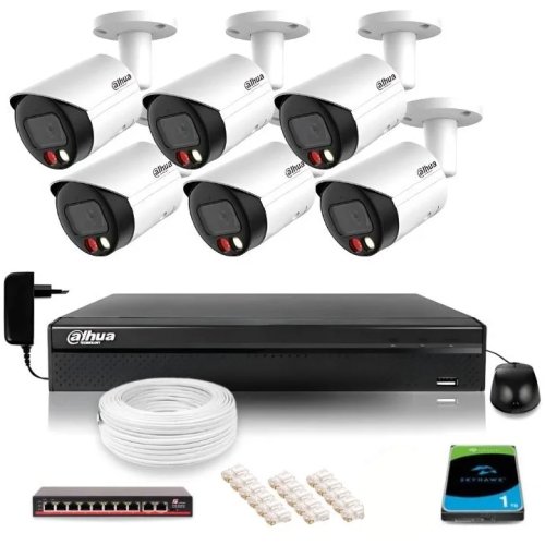 Zestaw monitoringu IP Dahua 6 kamer FullHD z podwójnych oświetleniem kolor w nocy + dysk 1TB