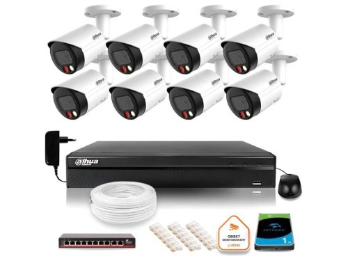 Zestaw monitoringu IP Dahua 8 kamer z podwójnych oświetleniem kolor w nocy + dysk 1TB