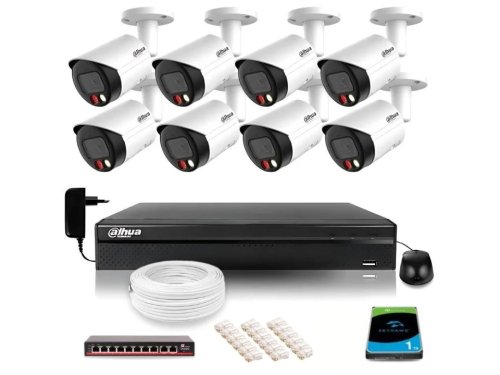 Zestaw monitoringu IP Dahua 8 kamer z podwójnych oświetleniem kolor w nocy + dysk 1TB